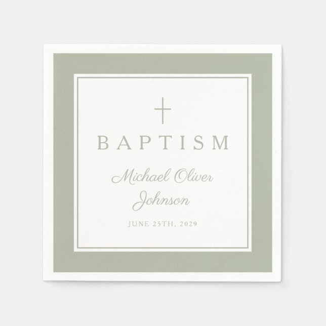Modern Sage Green Religious Cross Boy Baptism Napkins (Front)