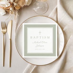 Modern Sage Green Religious Cross Boy Baptism Napkins