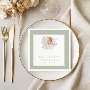 Modern Sage Green Religious Cross Boy Baptism Napkins
