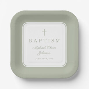 Modern Sage Green Religious Cross Boy Baptism Paper Plates
