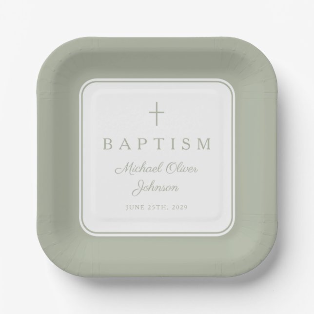 Modern Sage Green Religious Cross Boy Baptism Paper Plates (Front)