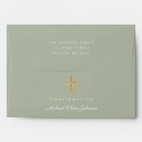 Modern Sage Green Religious Cross Boy Confirmation Envelope