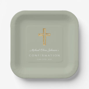 Modern Sage Green Religious Cross Boy Confirmation Paper Plates
