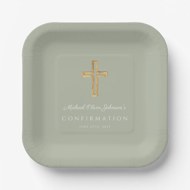 Modern Sage Green Religious Cross Boy Confirmation Paper Plates (Front)