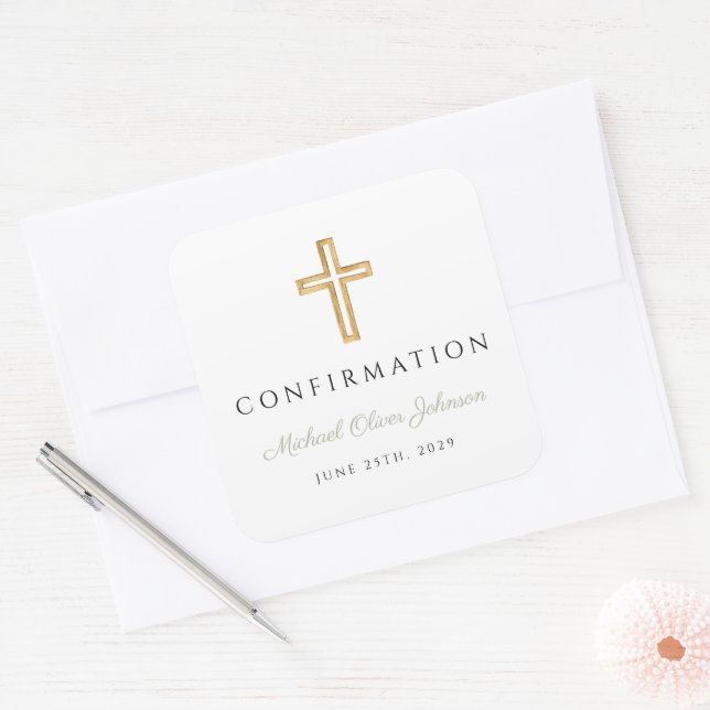 Modern Sage Green Religious Cross Boy Confirmation Square Sticker (Envelope)