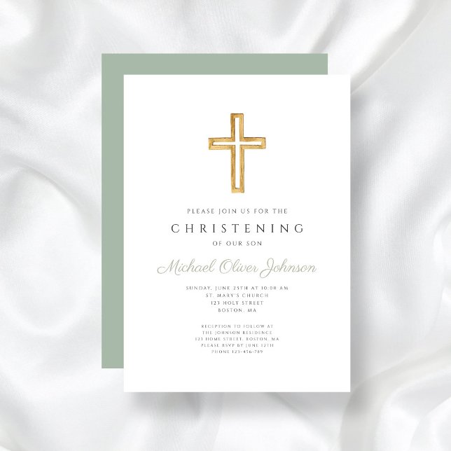 Modern Sage Green Religious Cross Christening    Invitation (Modern Sage Green Religious Cross Christening Invitation)