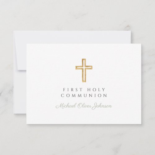 Modern Sage Green Religious Cross First Communion  RSVP Card