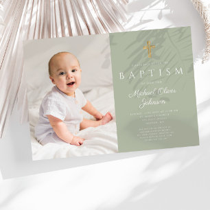 Modern Sage Green Religious Cross Photo Baptism Invitation