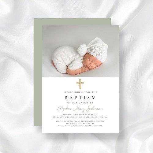 Modern Sage Green Religious Cross Photo Baptism Invitation