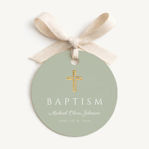 Modern Sage Green Religious Cross Script Baptism  Favor Tags