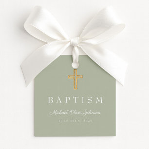 Modern Sage Green Religious Cross Script Baptism  Favor Tags