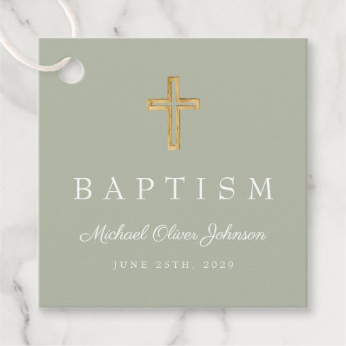 Modern Sage Green Religious Cross Script Baptism  Favor Tags
