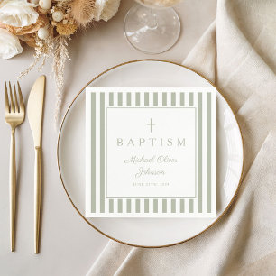 Modern Sage Green Religius Cross Boy Baptism Napkins