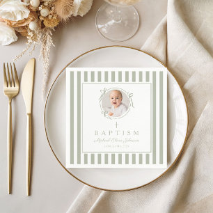 Modern Sage Green Religius Photo Boy Baptism Napkins