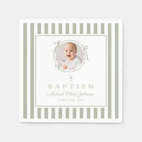 Modern Sage Green Religius Photo Boy Baptism
