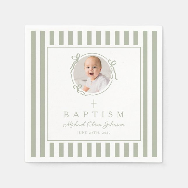 Modern Sage Green Religius Photo Boy Baptism Napkins (Front)