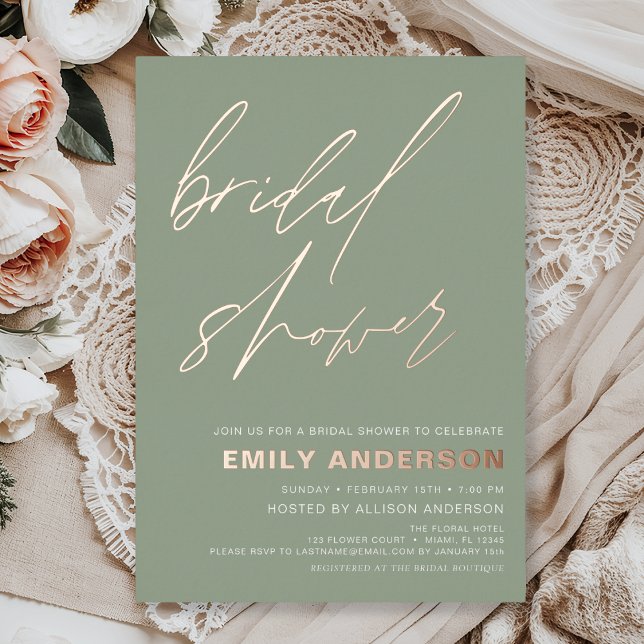 Modern Sage Green Rose Gold Bridal Shower Chic Foil Invitation (Creator Uploaded)