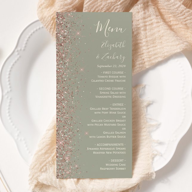 Modern Sage Green Rose Gold Glitter Edge Wedding Menu (Creator Uploaded)