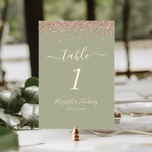 Modern Sage Green Rose Gold Glitter Edge Wedding Table Number