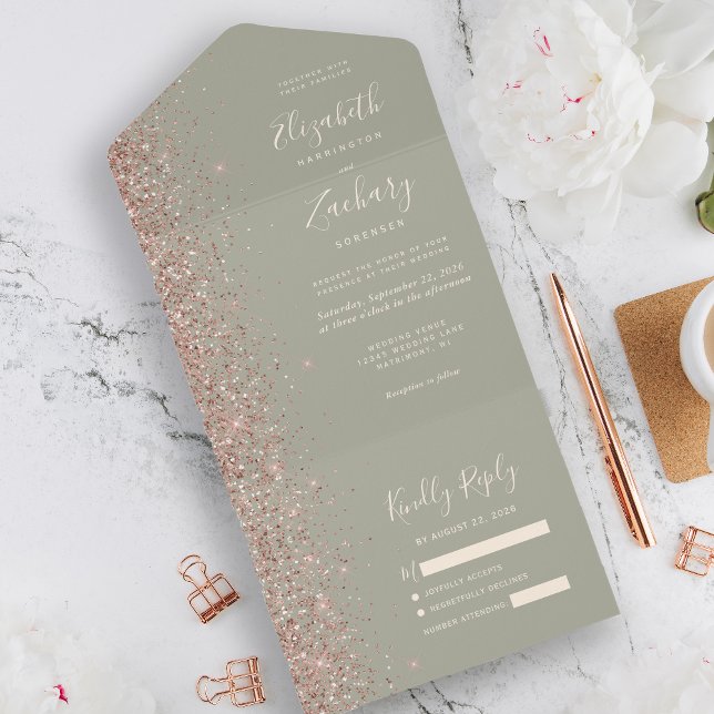 Modern Sage Green Rose Gold Glitter Wedding All In One Invitation (Creator Uploaded)