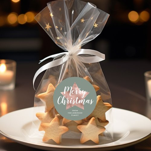 Modern Sage Green Rose Gold Star Christmas Classic Round Sticker