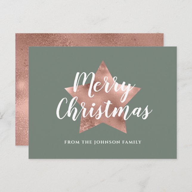 Modern Sage Green Rose Gold Star Merry Christmas Postcard (Front/Back)