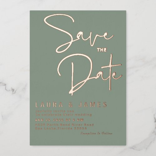 modern Sage Green Rose Gold wedding save the date  Foil Invitation