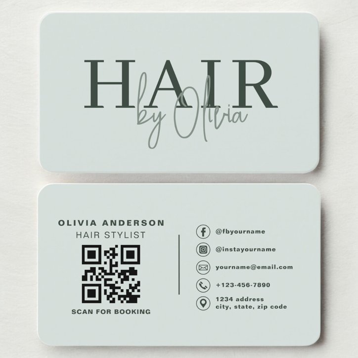 Modern Sage Green Salon Hairstylist QR Code Business Card