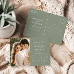 Modern Sage Green Save the Date Photo Calendar Postcard<br><div class="desc">Modern Sage Green Save the Date Photo Calendar Postcard. Easily personalize by replacing each info. Please upload a portrait/vertical photo. Move the circle by clicking the link Customize further. Make sure to check the preview before adding to cart. (Photo by Jonathan Borba from Pexels)</div>