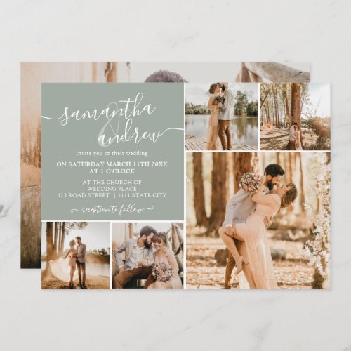 Modern sage green script 6 photos wedding invitation