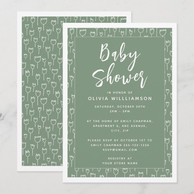 Modern Sage Green Script Baby Shower Invitation (Front/Back)