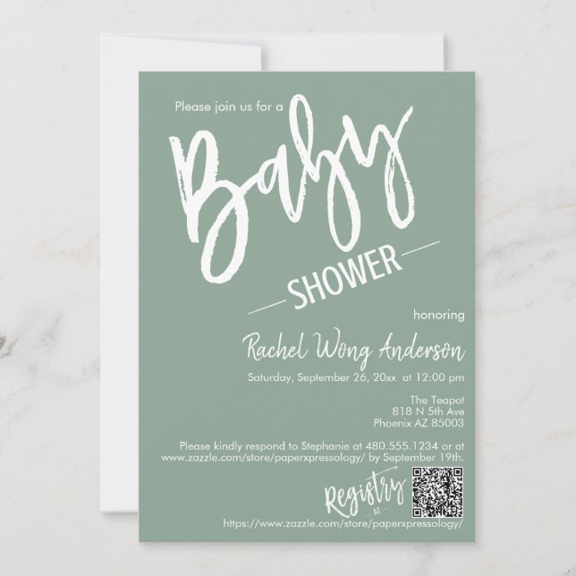 Modern Sage Green Script Baby Shower QR Code Photo Invitation (Front)