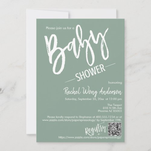 Modern Sage Green Script Baby Shower QR Code Photo Invitation