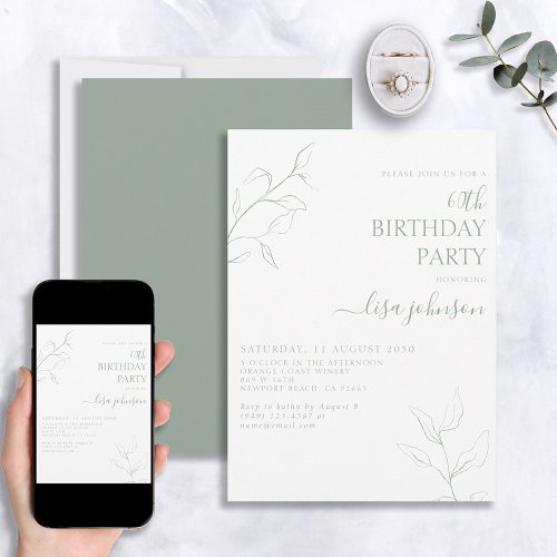 Modern Sage Green Script Botanical 60th Birthday Invitation