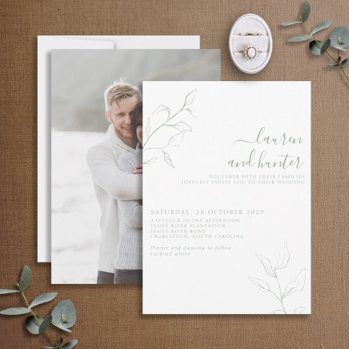 Modern Sage Green Script Botanical Photo Wedding Invitation
