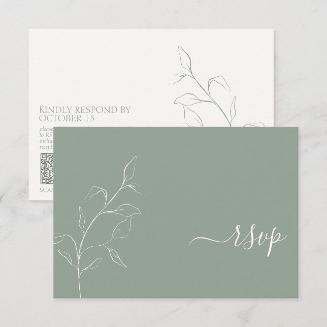 Modern Sage Green Script Botanical QR Code RSVP Card (Front/Back)