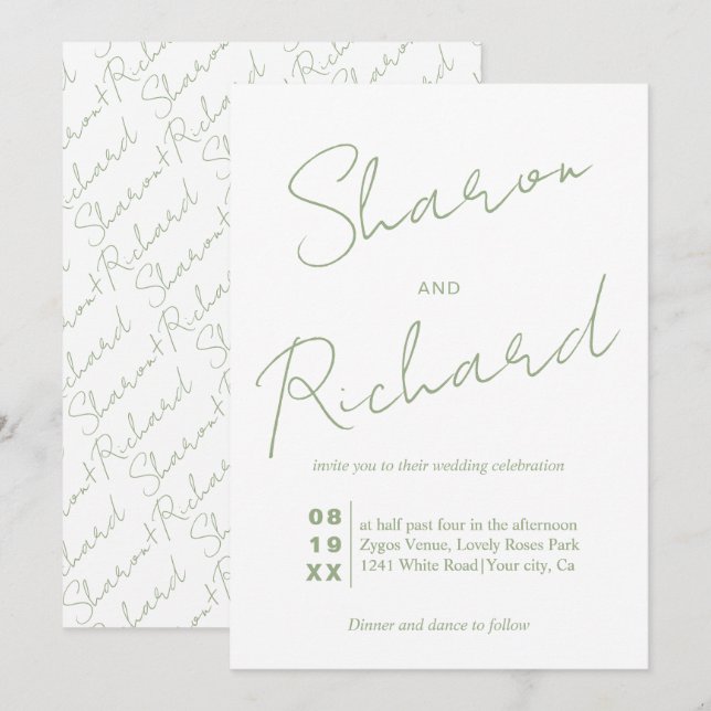 Modern sage green script calligraphy wedding invitation (Front/Back)
