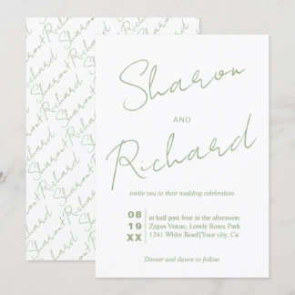 Modern sage green script calligraphy wedding invitation