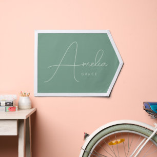 Modern Sage Green Script Custom Name Kids Room Pennant