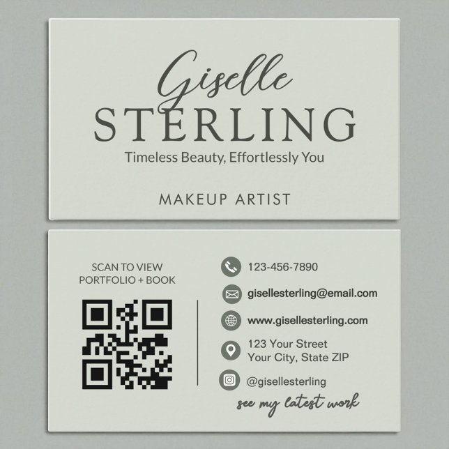 Modern Sage Green Script Elegant QR Code Business Card (Creator Uploaded)