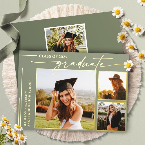Graduation Invitations 5 Modern Sage Green Script Graduate Photo Graduation Foil Invitation
