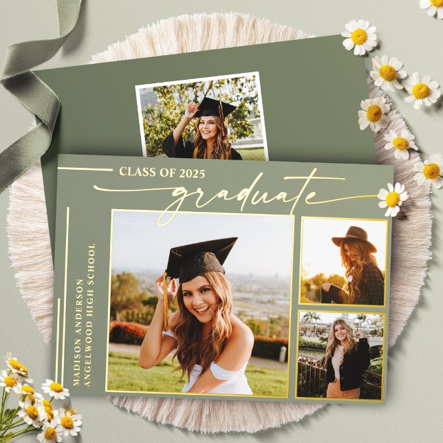 Modern Sage Green Script Graduate Photo Graduation Foil Invitation (Creator Uploaded)