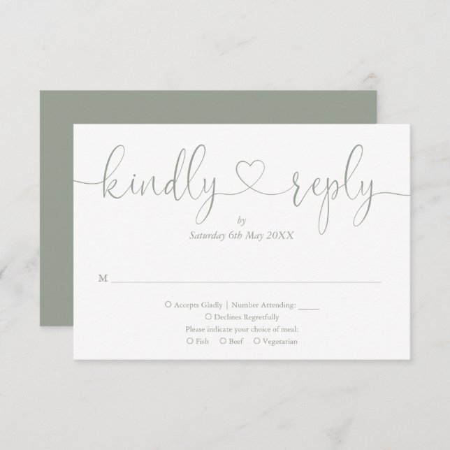 Modern Sage Green Script Heart Kindly Reply RSVP Card (Front/Back)