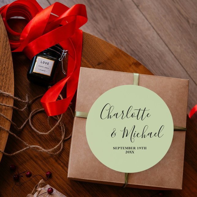 Modern Sage Green Script Minimalist Wedding Classic Round Sticker (Creator Uploaded)