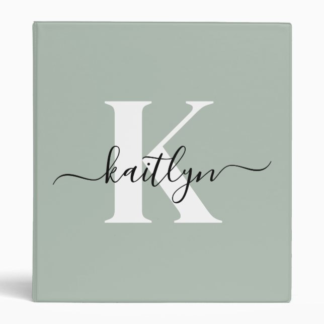 Modern Sage Green Script Monogram 3 Ring Binder (Front)