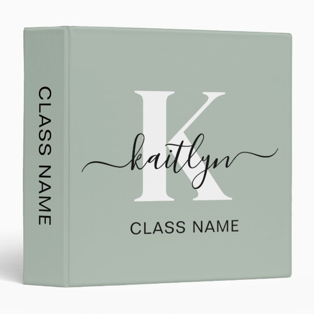 Modern Sage Green Script Monogram 3 Ring Binder (Front/Spine)