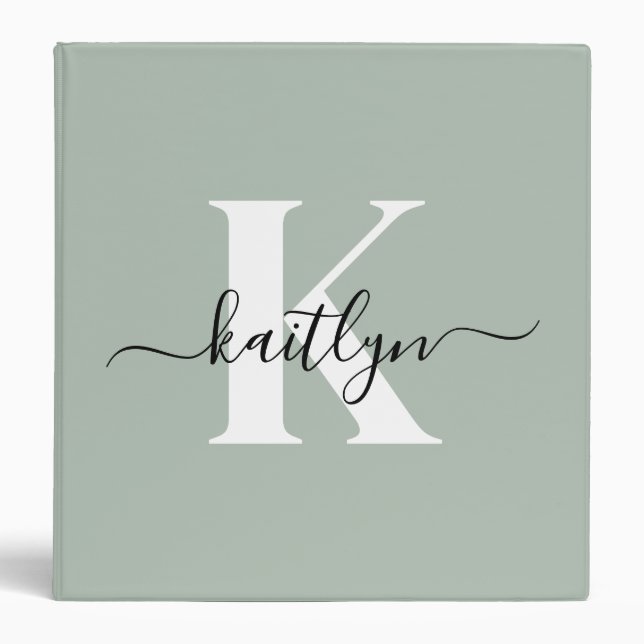 Modern Sage Green Script Monogram 3 Ring Binder (Front)