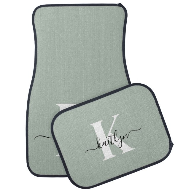 Modern Sage Green Script Monogram Car Floor Mat (Set)