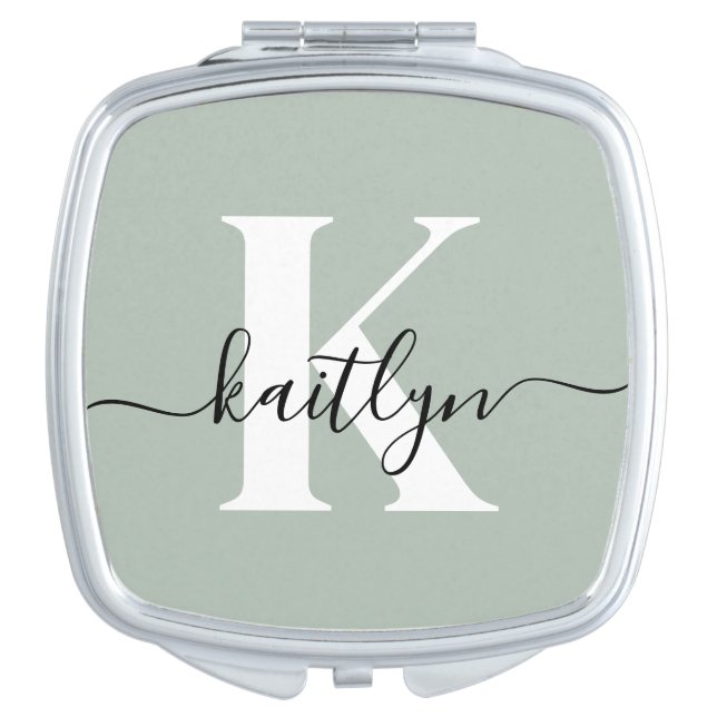 Modern Sage Green Script Monogram Compact Mirror (Front)