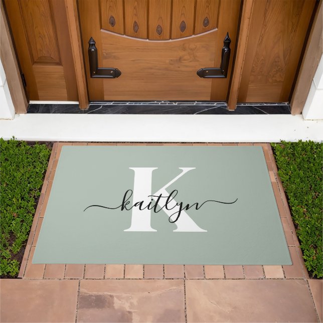 Modern Sage Green Script Monogram Doormat (Outdoor)